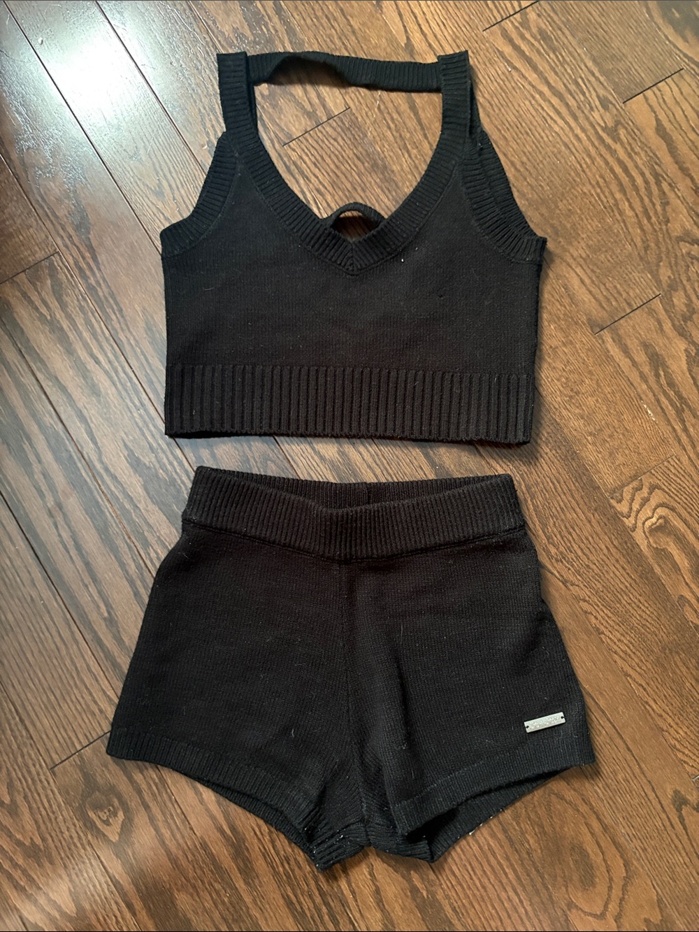 Black Ribbed Knit Crop Tank and High-Waist Shorts Set